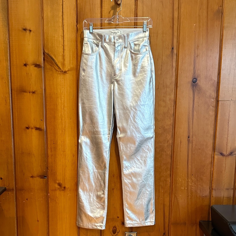 Abercrombie & Fitch The 90s Straight Ultra High Rise Silver Faux Leather Pants 2